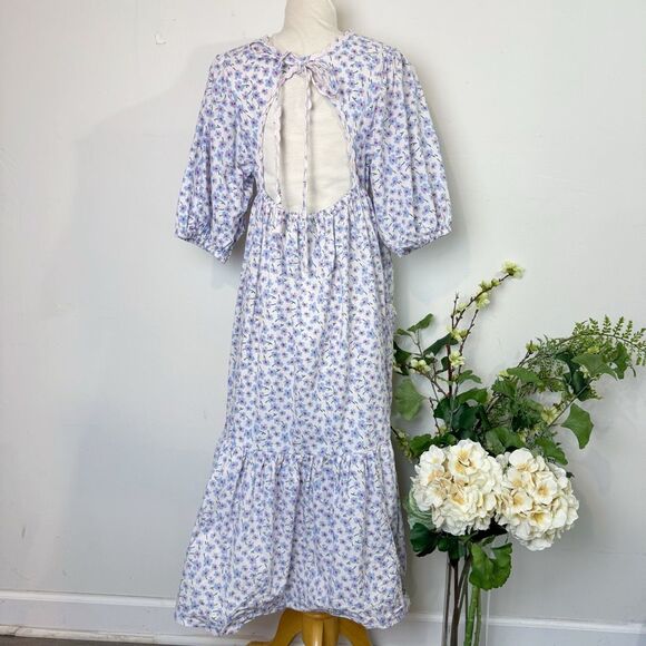 Damson Madder Greta Ditsy Floral Midi Dress Blue White US 6 / UK 10 Organic Cott - Picture 6 of 12